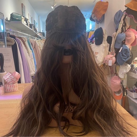 - Human hair blend brown /blonde highlights wig with bang main image 5